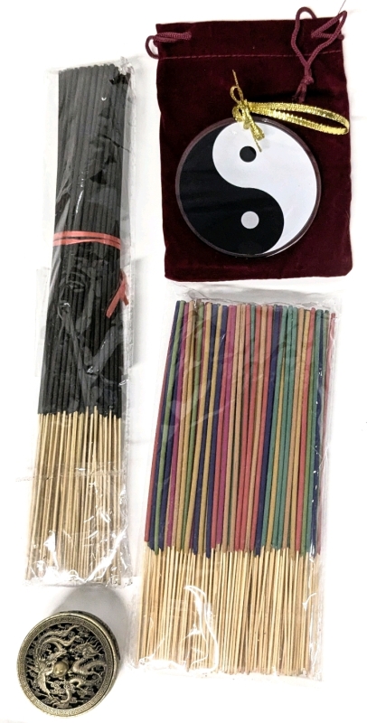 Exquisite New Brass Incense Burner Censer, 12.75" Long Incense Sticks (100pcs), Assorted 9" Long Incense Sticks (180ocs) & 3.75" Diameter Acrylic Yin/Yang Ornament