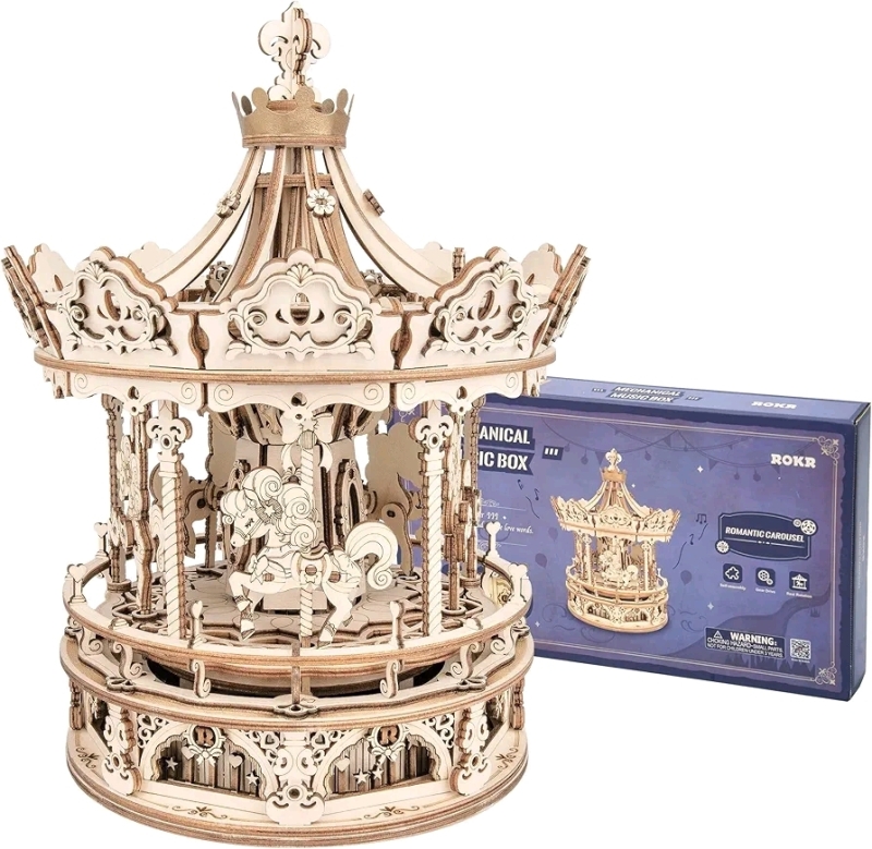 New ROKR 3D Wooden Puzzle Rotating 5-Horse Carousel Music Box Model Building Kits