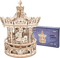 New ROKR 3D Wooden Puzzle Rotating 5-Horse Carousel Music Box Model Building Kits