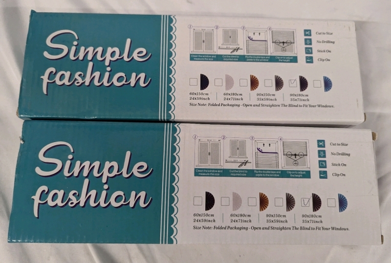 2 New Simple Fashion Window Blinds. 24" Wide, 59" Long. Cut to Size.