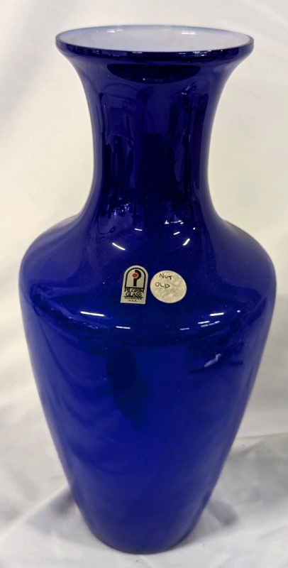 Handmade Pilgrim Glass Cobalt Over Milk Glass Vase. 13.5" Tall.