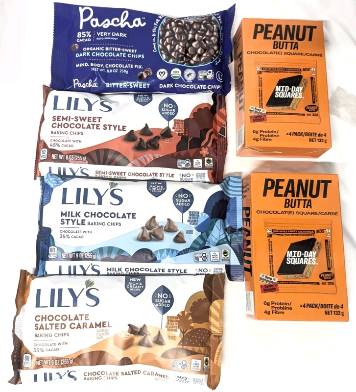 4 New Packs Lilys & Pascha Chocolate Chips (Keto Friendly/No Added Sugar) & 2 New* Peanut Butta Chocolat(e) Mid Day Squares (See Desc) | $60 Retail Value!