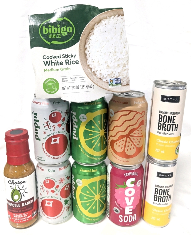 New Food, Dressing & Pop! Broya Chicken Bone Broth, Cove Probiotic Soda, Poppi Probiotic Soda, Chipotle Ranch Dressing & Bibigo Cooked White Sticky Rice