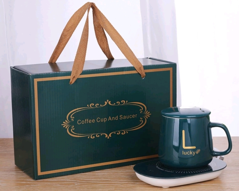 New Constant Temperature Beverage Mug Warmer / Coffee Cup Warmer Set : Green Ceramic "Lucky" Mug with Lid & USB Mug Warmer
