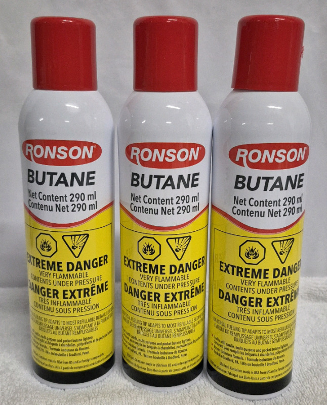 3 New - Ronson Butane Lighter Fluid Cans , 290ml . Note: This Lot Cannot be Shipped