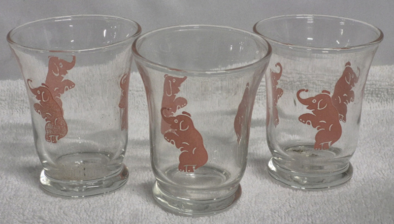 3 Vintage 1950's Libbey Dancing Pink Elephant Juice 4oz Glasses-MCM
