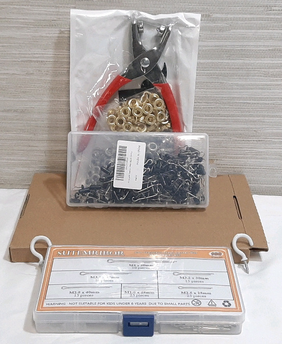 Lot of New Tool Pieces, Including Grommet Pliers w/ Grommet Rings Included (Estimated 100+ pcs), Stainless Steel Cotter Pin Assortment Kit w/ 100pcs Included, 60pcs Black Sinker Slide Pins & 100pcs Cup Hook Screws