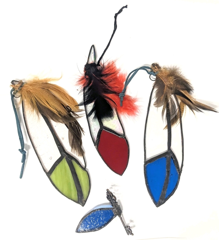 3 Fantastic Stained Glass Feathers with Real Feather Accessories + Small Stained Glass Winged Key | Up to 7" Long