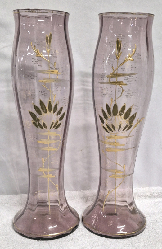 Pair of Amethyst Glass Vases with Gold Tone Design 12.5" Tall
