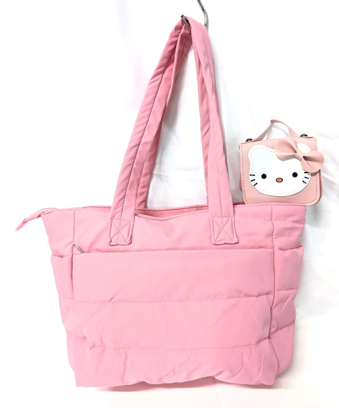 New LOVE PINK! Puffer-Style Tote Bag & Tiny Faux Leather Hello Kitty-Style Mini Purse / Change Purse with Optional Strap | Puff Purse 13.75" x 5.25" x 9.5" (excl Handles)