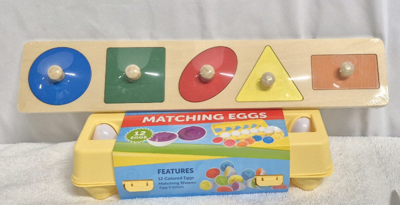 New Kid's Learning & Development Toy Lot - Wooden Shapes & Matching Eggs