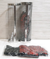 2 New BBQ Mesh Tubes Rolling Grill Baskets, Includes Two Silicone Barbeque Gloves