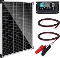 New - 50Watt Solar Panel Kit w/10A Charge Controller Monocrystalline Solar Panel Kit for 12-24V Battery Charging Car Roof RV Marine Rooftop Farm Battery and Other Off-Grid Applications . Panel measures 18.5"×22.5"