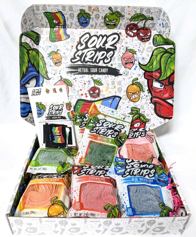 New SOUR STRIPS Candy PR Box | 12 Packs Candy (Green Apple, Mango, Watermelon, Strawberry, Pink Lemonade, Blue Raspberry) 96g ea + Stickers