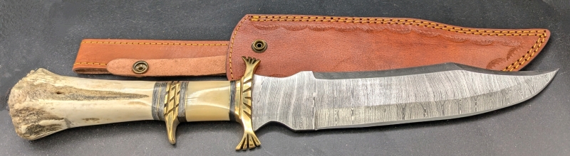 New PAL 2000 KNIVES Handmade Damascus Steel 16 Inch Hunting Bowie Knife. Bone Handle with Leather Case.