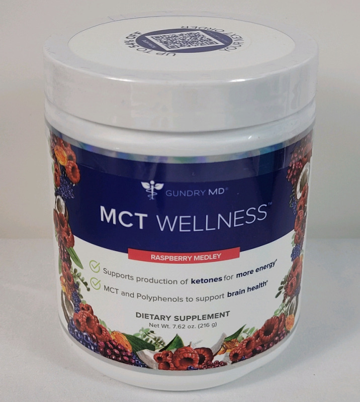 New - Gundry MD MCT Wellness Dietary Supplement Powder to Support Energy, Ketone Production and Brain Health, Keto Friendly, Sugar Free - Raspberry Medley . 7.62oz. / 216g