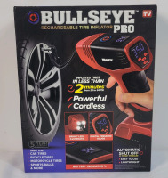 New - Bullseye Pro Rechargeable Tire Inflator . Portable Air Pump for Car Tires - 150PSI, 12V DC 1500 mAhs with Tire Pressure Gauge, Rechargeable . Retail $85