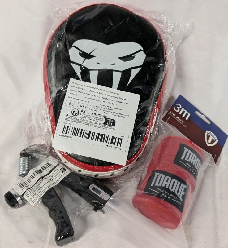 New Workout/Training Gear. Hand wraps, Boxing Pad(10" Tall) & Grip Strength Trainer (Resistance Unknown.).