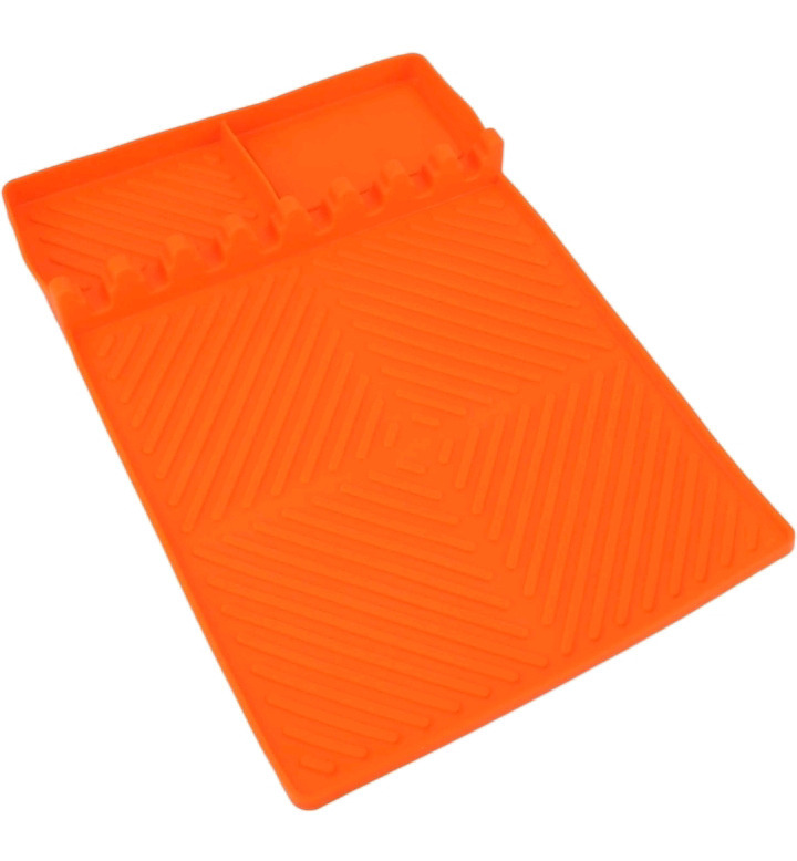 New | Silicone Grill Tool Mat W/ 8 Slots | Anti Slip, Heat Resistant, Easy to Griddle Accessories for Kitchen Cooking (Orange)