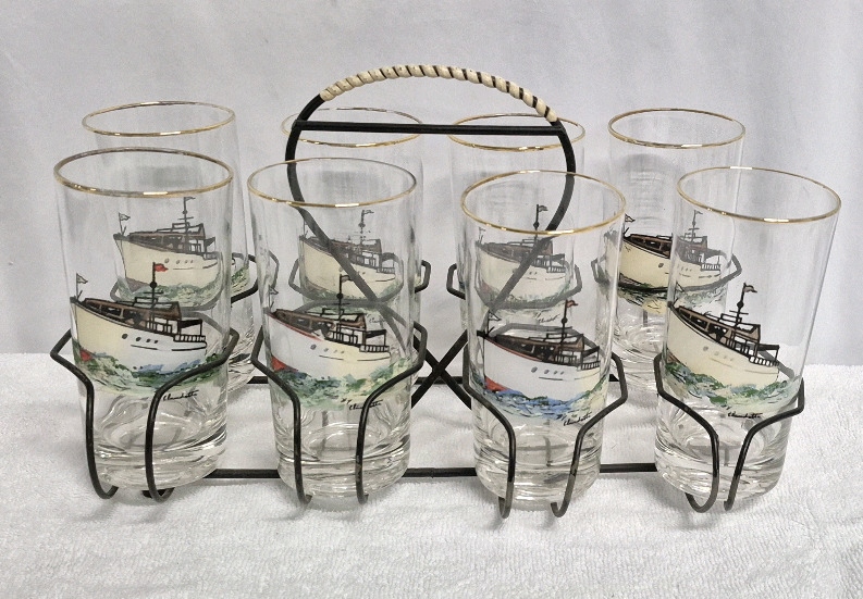 8 Hand-Painted Glass Tumblers with Metal Bar Glass Caddy