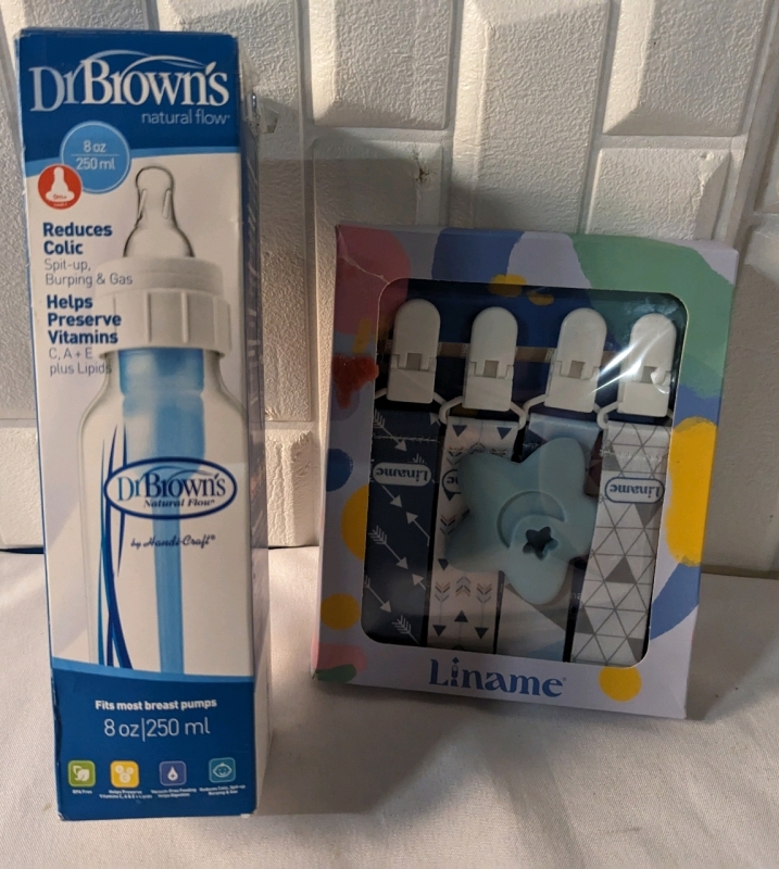 New Dr. Browns 250ml Baby Bottle and Liname Pacifier Clips.