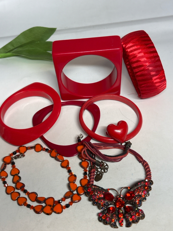 Red & Orange Statement Vintage Bangles Glowing Heart Ring & Necklace Rhinestone Butterfly Necklace Vintage To Modern