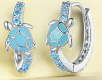 925S Stamped Blue Enamel & Rhinestones Turtle Hoop Earrings Small