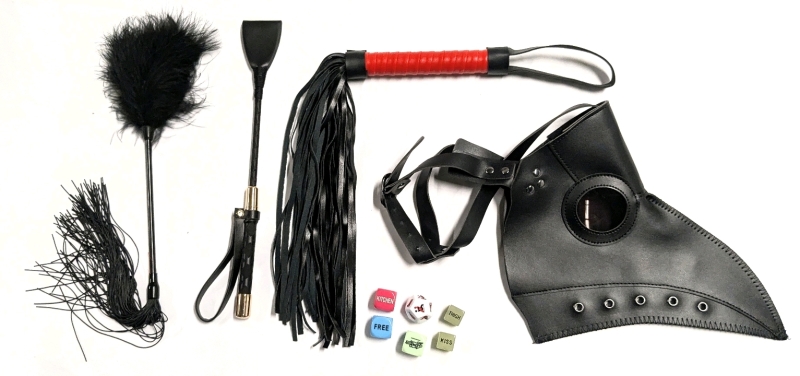 [Adults Only] New Faux Leather Flogger, Crop, Feather Tickler / Flogger Combo, 6 Naughty Sex Dice & Plague Doctor Mask (One Size Fits Most) | Flogger 20.5" Total Length