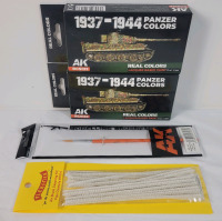 New - Two (2) Sets AK Interactive German Panzer Lacquer Base Modeling Paint (6 per box) + Hobby Paint Brush & Air Brush Pipe Cleaners