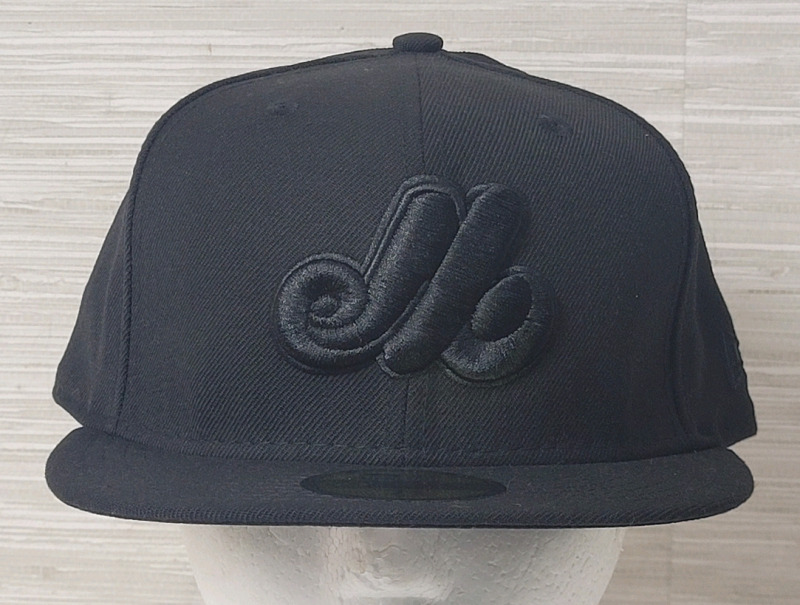 New - MLB Baseball Montreal Expos All-Black 59Fifty Copperstown Collection Cap , Size 7⅜ .