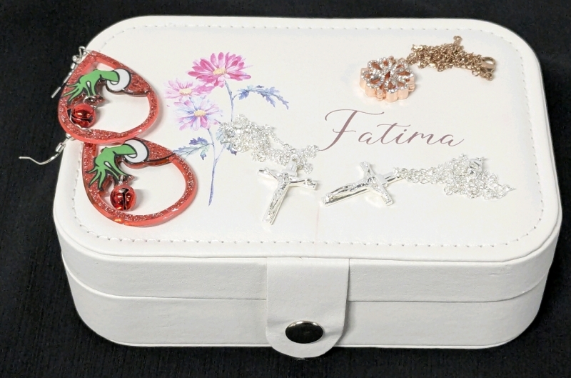 2 New Silver Tone Crucifix Necklaces, Rose Gold Magnetic Shamrock / Row of Hearts Necklace & Acrylic Grinch Earrings in Faux Leather Jewelry Box "Fatima" | Box 4.4" x 6.5" x 2.25"