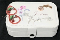 2 New Silver Tone Crucifix Necklaces, Rose Gold Magnetic Shamrock / Row of Hearts Necklace & Acrylic Grinch Earrings in Faux Leather Jewelry Box "Fatima" | Box 4.4" x 6.5" x 2.25"