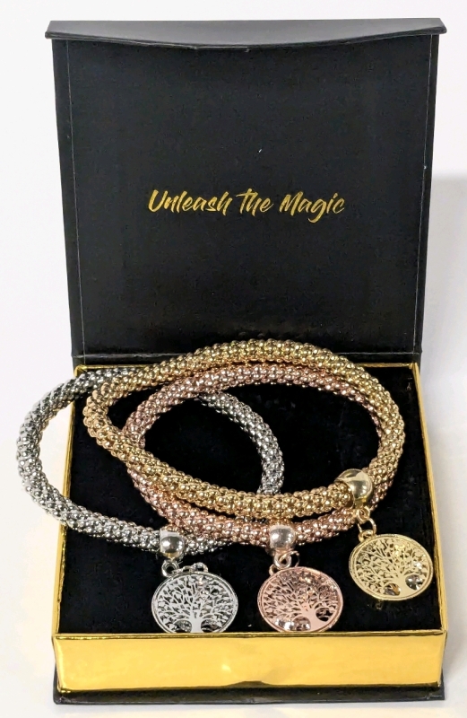 New APHRODITE'S 3-Pack Silver, Gold & Rose Gold Tree of Life Shaker Charm Expansion Bracelets in Gift Box | 2.5" - 3.5" Diameter