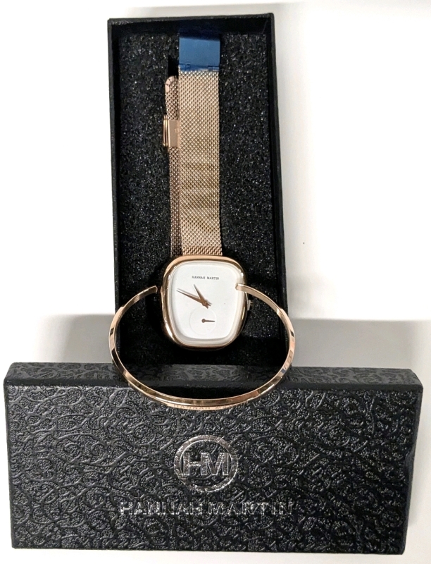New HANNAH MARTIN for Dream Rose Gold Tone Stainless Steel Ladies Watch with Matching Engraved Open-Cuff Bracelet &bull; HM-1251