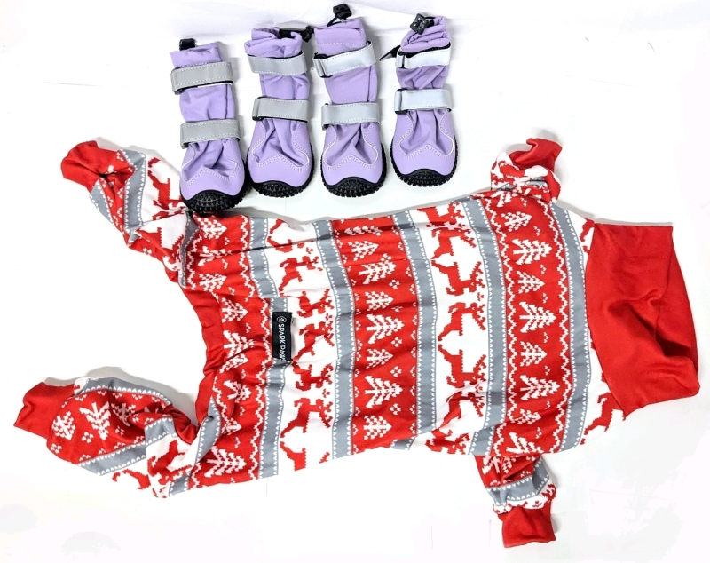 New Dog Size 2XL SPARK PAWS Puppet Pajamas (Red/White Christmas Reindeer) & Size C : Dog Winter Shoes (4pc: Purple) | $80 Retail Value!