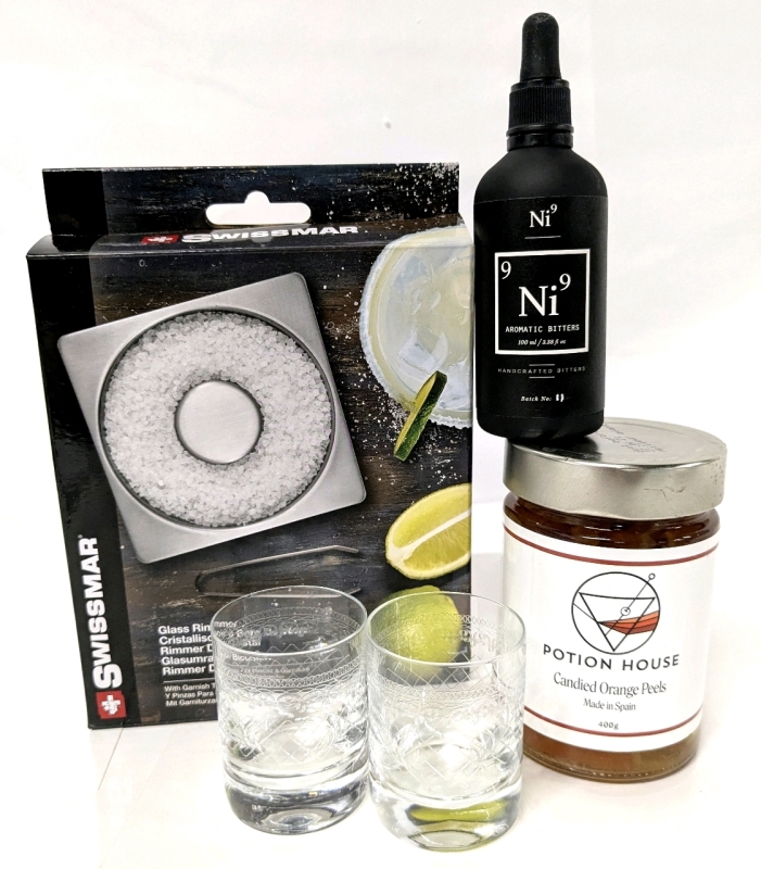 New COCKTAIL EMPORIUM | 2x 1910 Retro Shot Glasses, Swissmar Glass Rimmer, Nickel 9 Aromatic Bitters & Potion House Candied Orange Peels (400g) | Over $60 Retail Value!