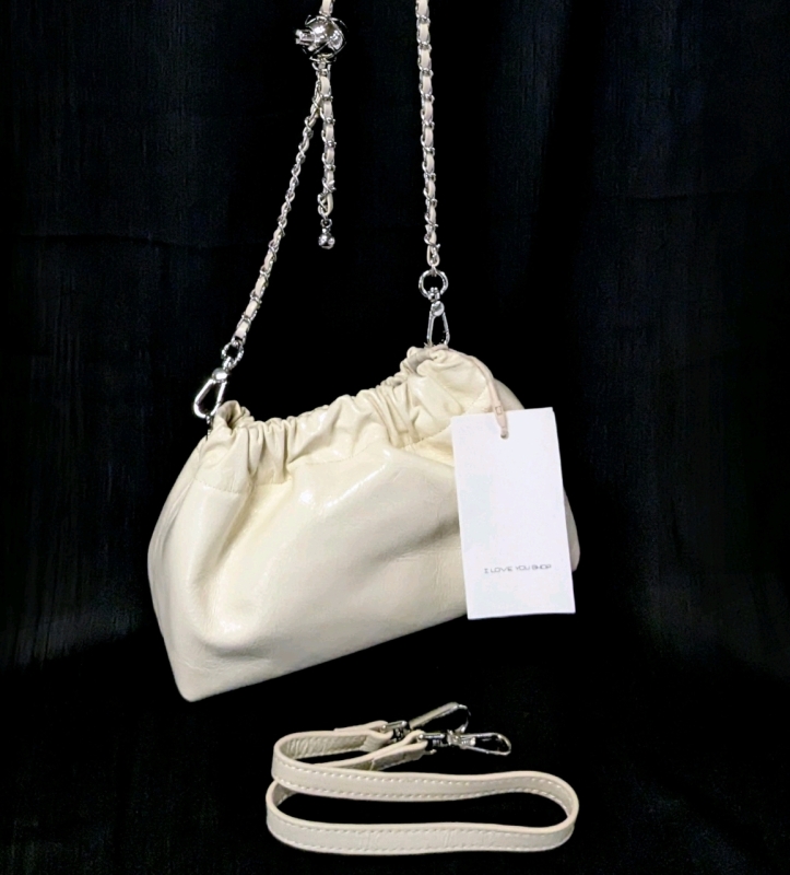 New ILoveYou Shop Leather Cloud Shoulder Bag with Linked Metal Drawstring Strap & Purely Leather Handbag Strap | 8" x 3.5" x 5" with up to 48" Long Strap