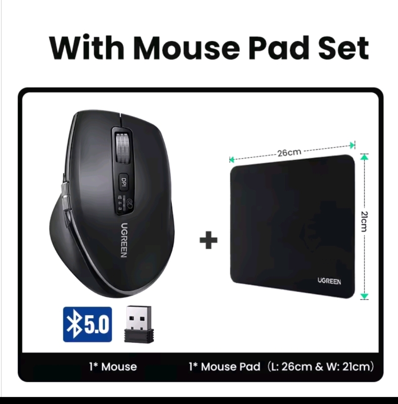 New: Ugreen Mouse and Mouse pad - 5000 DPI With Button Adjustment, Thumb Wheel - Bluetooth Mouse