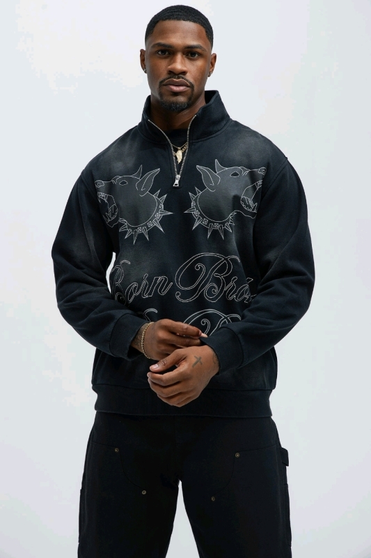 New Mens Large Tyson Die Rich Quarter Zip Sweatshirt - Black Wash Colour.