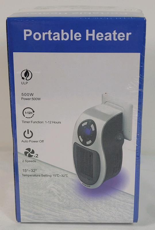 New - 500W Plug-In Socket Porrable Heater . 2-Speed , 500W , Auto Power Off , Temp. Range 15C - 32C
