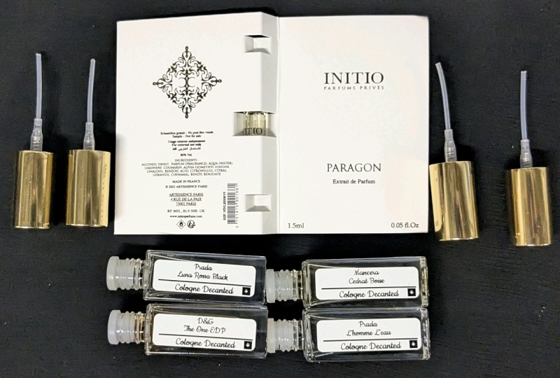 4 New COLOGNE DECANTED Eau de Parfum (3-5ml), 4 Atomiser Spray Tips + Paragon 1.5ml Tester