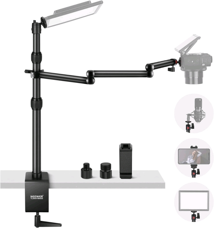 New NEEWER Upgraded Overhead Camera Rig with Trifold Camera Boom Arm (Max Load 2lb), 47"/1.2m Telescopic Desk Mount Stand (Max Load 8.8lb) with Phone Clamp Ball Head for LED Light, Webcam Mic, TL253A+MH022 | Retails for $79!