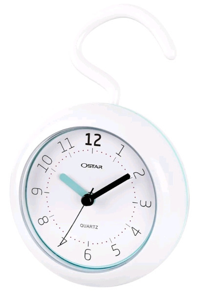 New - OSTAR Waterproof Bathroom Shower Clock, Analog Quartz Clock Hanging Stand Dual Purpose, One AA Battery Operated 4.5" diameter.