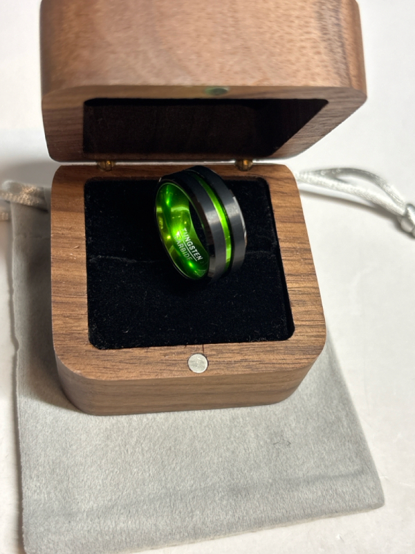 New Green Tungsten Black Ring Stamped Tungsten Carbide Size 7
