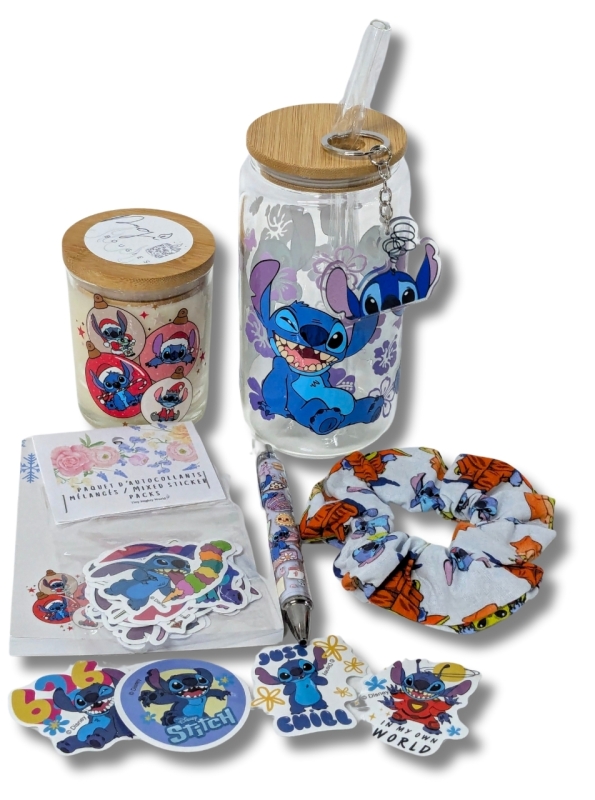 New STITCH Goodies : 177ml Vanilla Glass Candle, Glass Tumbler with Straw, Stickers, Notepad, Pen, Keychain & Stitch/Grogu Scrunchie
