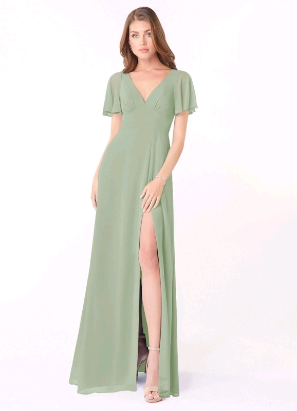 New Size A18 | Azazie Kimber Dusty Sage A-Line Flounce Sleeve Chiffon Dress | Retails for $139!