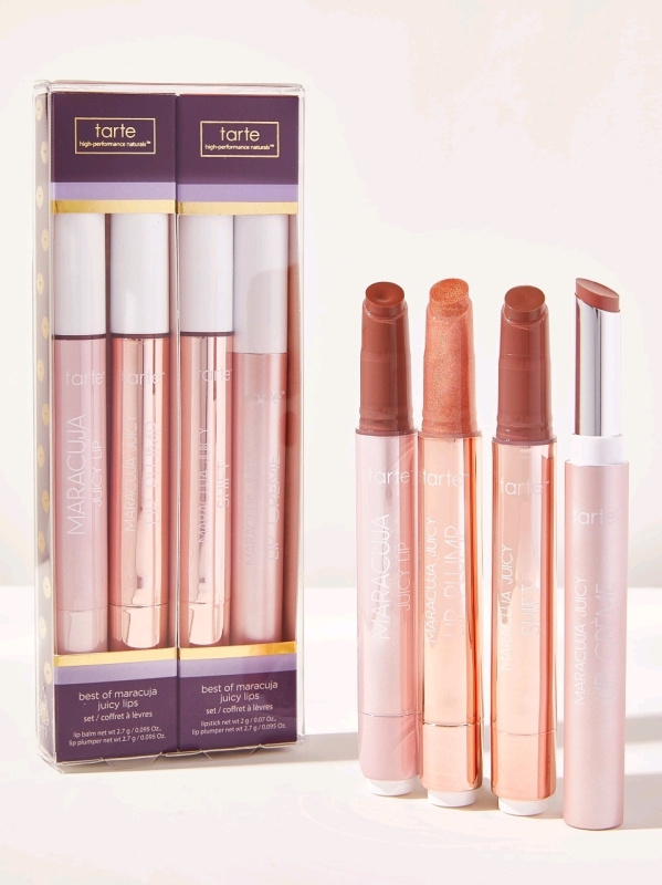 New TARTE Best Of Maracuja Juicy Lips 4-Pack : Spiced Pink & Rose Quartz Shimmer Glass, Cool Mauve & Buffed Rose &bull; 2.7ml | Retails $50+!