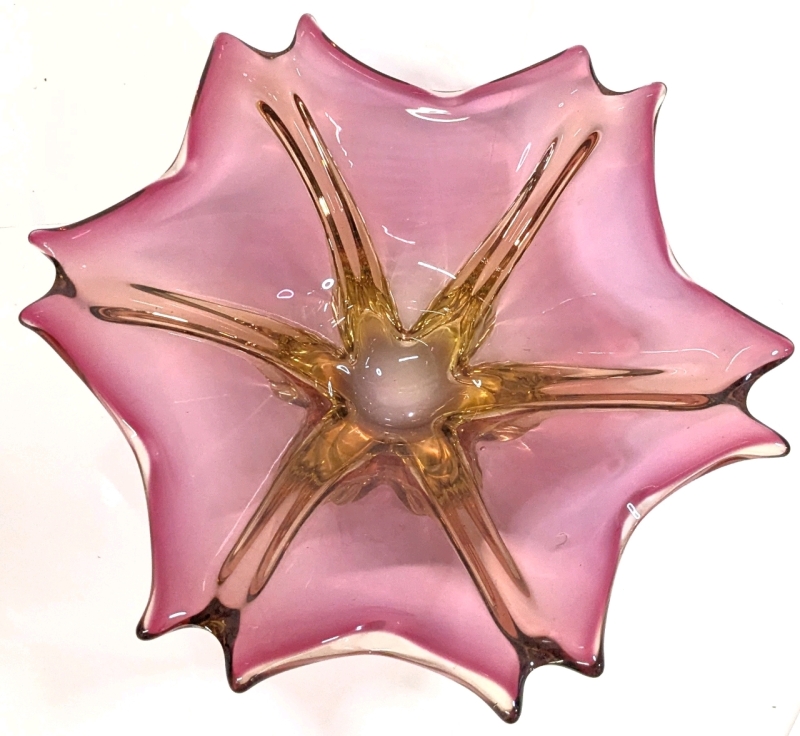 Stunning Pink & Yellow Art Glass Bowl | 12.25" Diameter x 4" Tall