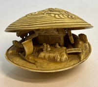 Vintage Japanese Carved Celluloid Clam Shell Diorama Moving Water Wheel