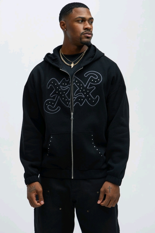 New Size Large Tyson Rhinestone Oversized Zip Up Hoodie - Black